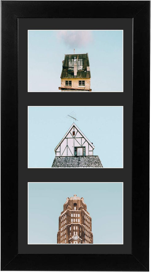 Golden State Art 7x14 Wood Frame for Three 4x6 Picture - Black with 3-Opening Black Mat Color - Portrait or Landscape Wall Mounting - Sturdy and E...