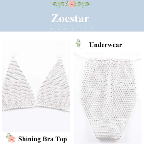 Zoestar Mesh Rhinestone Bikini Set Sparkly Crystal Underwear with Top for Women...