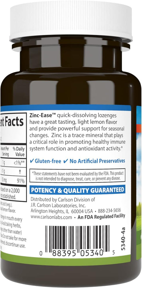 Carlson - Zinc-Ease, Soothing Lozenge, Immune Support & Optimal Wellness, Antioxidant, Lemon, 42 Lozenges...