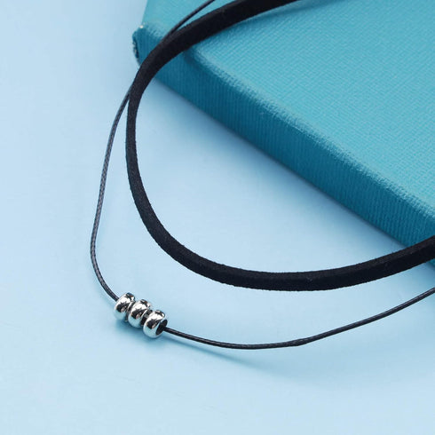 Boho Layered Suede Choker Necklace Short Black Velvet Choker Necklace Vintage Leather Necklace Silver Bead Collar Necklace Chain Jewelry for Women...
