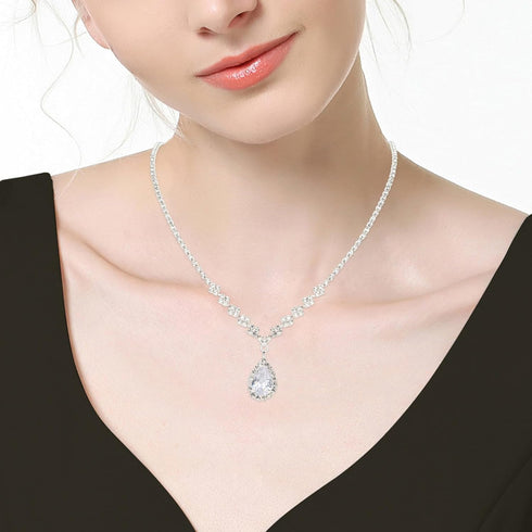 CIEHER Silver 2/3 Pieces Women Jewelry Set - Drop Necklace + Crystal Teardrop Dangle Earring Clips, Crystal Clip On Earrings Silver Non Pierced fo...