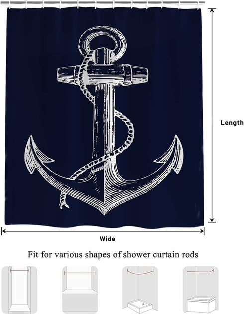 Custom Nautical Navy Blue Anchor Shower Curtain, 70x72 inch...