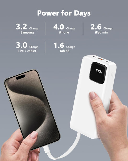 Portable Charger, 20000mAh Power Bank with 2 Built-in Cables, 22.5W Fast Charging with Screen, Travel Battery Pack for i Phone, i Pad, Samsung, Go...