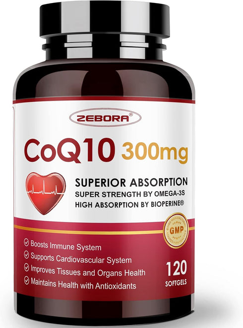 ZEBORA CoQ10-300mg-Softgels with PQQ, BioPerine & Omega-3, 120 Servings Coenzyme Q10 (Ubiquinone) Supplement for High-Absorption, Powerful-Antioxi...