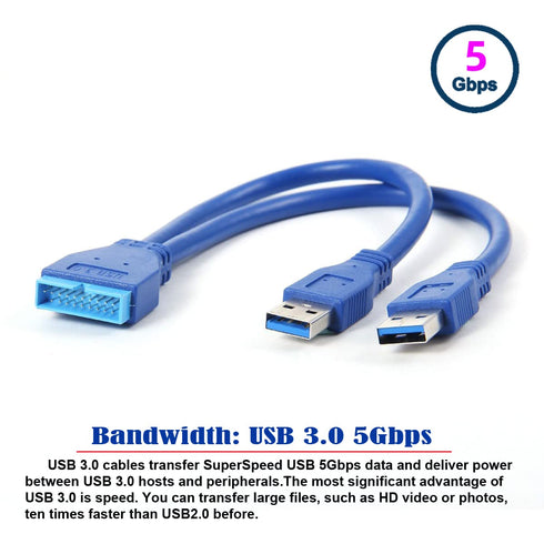 JSER Dual Port USB 3.0 A Male to 20 Pin Male Motherboard Extension Cable Adapter 5Gbps...