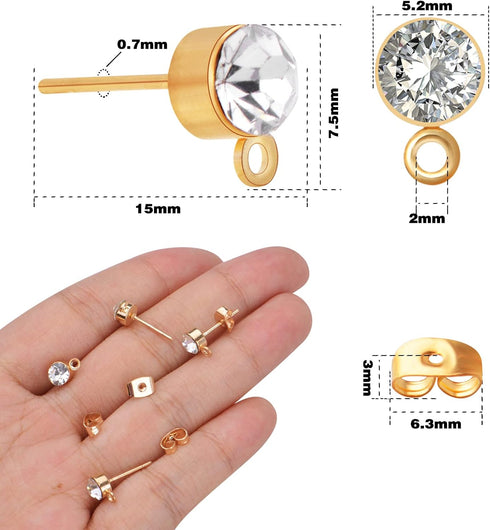 100pcs 5mm Rhinestone Earring Studs Hypoallergenic Earrings Posts with Loop and 100pcs Butterfly Earring Backs for DIY Earring Jewelry Making Supp...