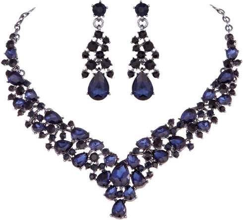 Austrian Rhinestone Crystal Wedding Gown Prom Ball Necklace Earrings Jewelry Set for Brides Dress...