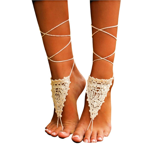 Barmine Chantilly Crochet Ivory Barefoot Sandals, cotton Anklet, 1 pair...