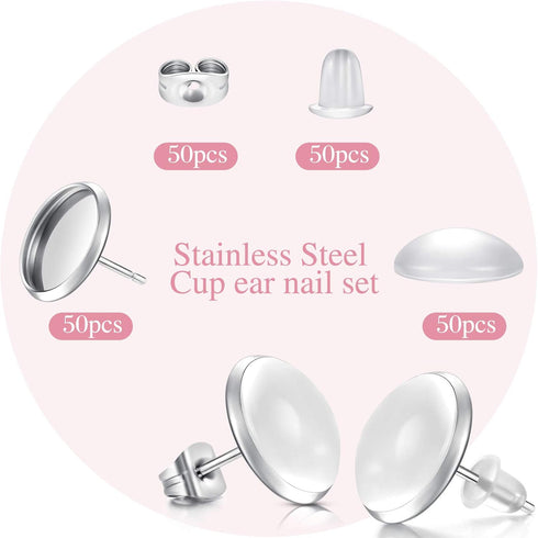 200 Pieces Stud Earring Kit, Including 50 Pieces 12 mm Stainless Steel Blank Stud 50 Rubber Back, 50 Pieces 12 mm Clear Glass Cabochons 50 Stainle...