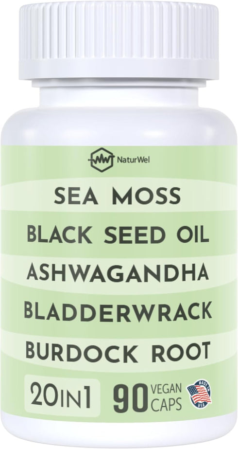 Black Seed Oil 3000mg Sea Moss 3000mg Ashwagandha 1000mg Turmeric 1000mg Burdock 1000mg Bladderwrack 1000mg & Elderberry Manuka Chlorophyll Dandel...
