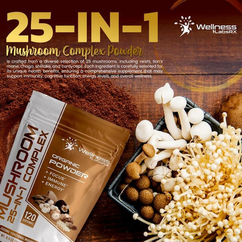 Mushroom Powder, 25 in 1 Mushrooms Lions Mane Powder Organic - 2000mg - Mushroom Supplement, 25 Superfood Mushrooms, Chaga, Shiitake Mushrooms, Co...