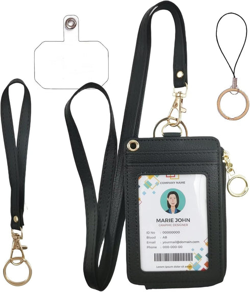 Black Lanyards for Id Badges, Pu Leather ID Badge Card Holder Wallet with 1 Clear ID Window, 4 Credit Card Slots, 1 Side Zipper Pocket,Wrist Strap...