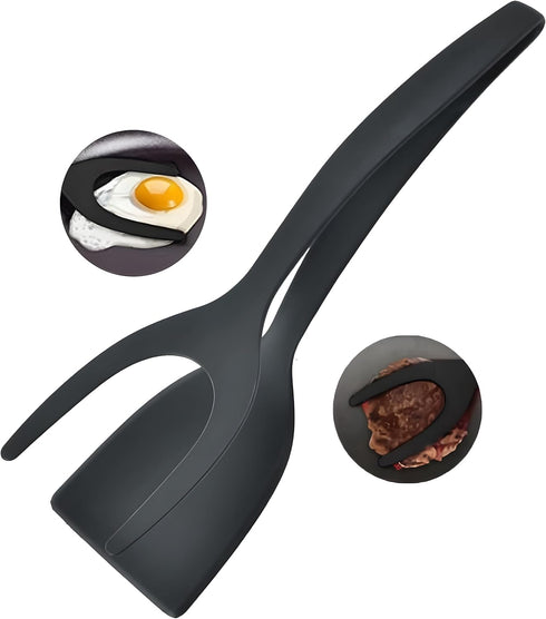 2-in-1 clip flipping spatula pliers egg flipping pliers double-sided pancake fish flipper Chicken rolls making household kitchen cooking tools (bl...