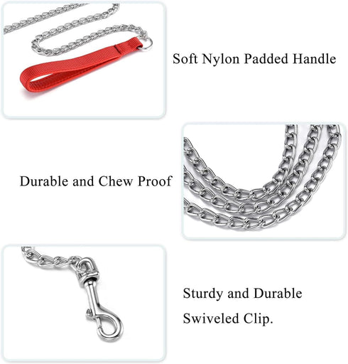 Chain Leash Metal Trainning Leash Stainless Steel with Soft Padded Handle for Heavy Duty Dogs.(XL, Red Handle)...