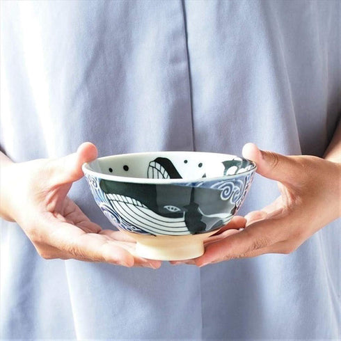Minoru Touki White Wave Whale Blue Ceramic Rice Bowl Small Set of 2 ?4.4×H2.4in 11.29oz...