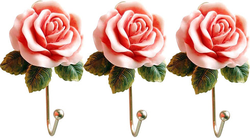 OPENDGO 3PCS Rose Resin Wall Hooks Wall Mounted Creative Flower Iron Hook for Hanging Coat/Hat/Key/Towel/Handbag Hooks/Hangers Room Wall Decor...