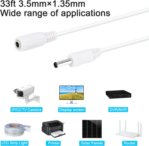 DC Power Extension Cable 33ft 1.35mm x 3.5mm Compatible with 5V DC Adapter Cord for CCTV Security Camera IP Camera Standalone DVR (33ft DC3.5mm Pl...