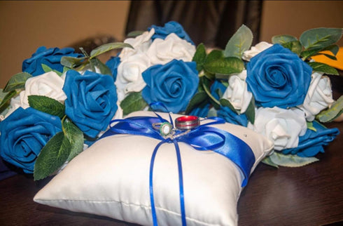 he andi 7.8" Satin Double Hearts Decoration Wedding Ring Bearer Pillow (Blue)...