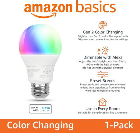 Amazon Basics - Smart A19 LED Light Bulb, 2.4 GHz Wi-Fi, 9W (Equivalent to 60W) 800LM, Works and Dims with Alexa Only, 1-Pack, Multicolor...