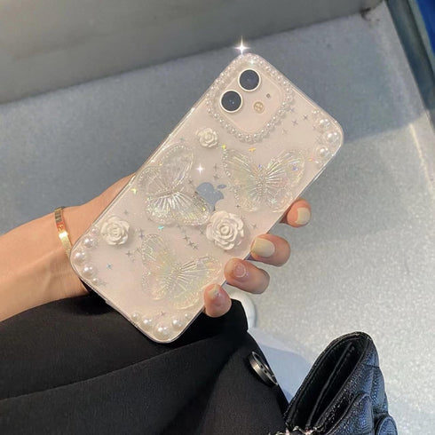 for iPhone 14 Case with Charm Chain Butterfly Flower 3D Cute Phone Case,Crystal Clear Shiny Case with Wrist Bracelet Pearl Shockproof Clear...