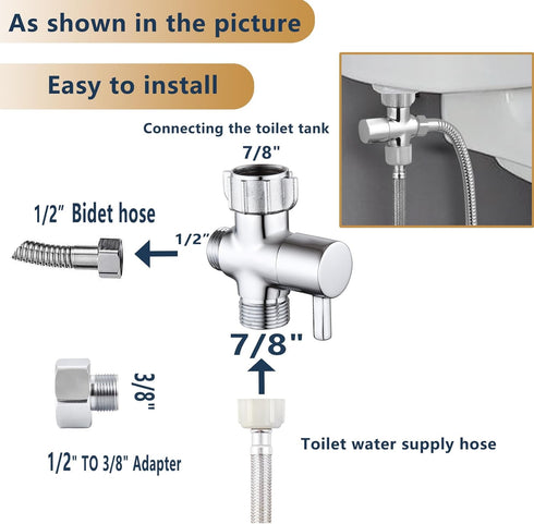 Bidet T Adapter, Brass T Adapter with Shut-off Valve, 3-way Tee Connector 7/8" x 7/8" x G1/2, Leak-Free Chrome Metal T Valve Adapter for Toilet Bi...