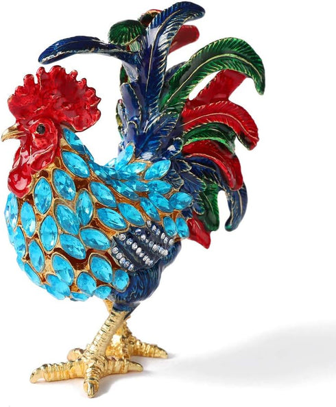 Rooster Trinket Boxes Hinged Enameled Jewelry Box Hand-Painted Animals Ornaments Craft Gift for Home Decor (Blue)...