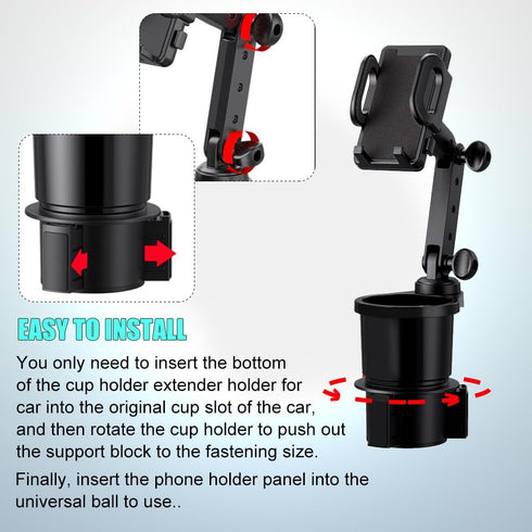 Car Cup Holder Cell Phone Holder, Car Cup Holder Expander with Phone Mount, Car Long Arm with 360° Rotation Cup Holder Cell Phone Holder, 2 in 1 C...