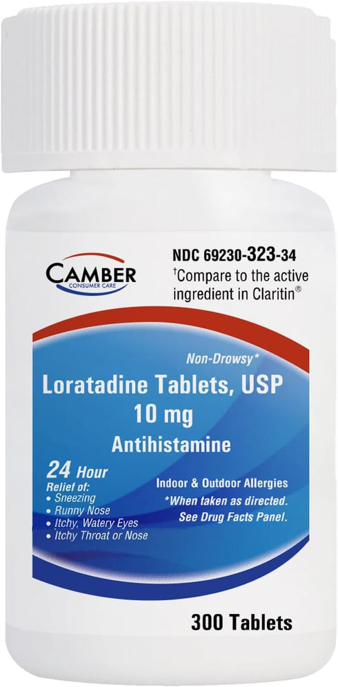 Camber Consumer Care Loratadine 10mg Allergy Pills, Antihistamine 24 Hour, Non Drowsy Allergy Relief (300 Tablets)...