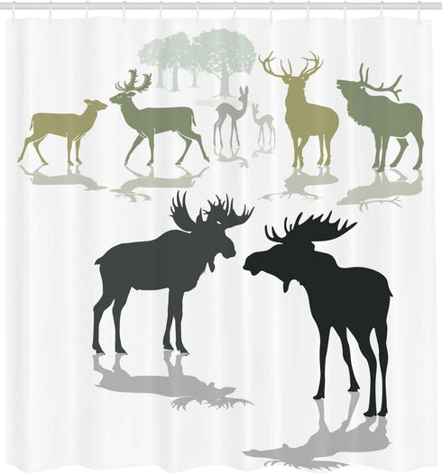 Ambesonne Antlers Shower Curtain, Elk Deer and Fawn Silhouette Forest at The Background World Natural Habitat Theme, Cloth Fabric Bathroom Decor S...