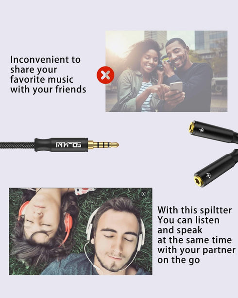Headphone Splitter 3.5mm TRRS Stereo Audio Y Splitter Braided 4-Pole Male to 2-Female Dual Headphone Jack Splitter Adapter for Headset PC Smartpho...