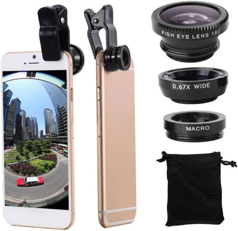 1Pc Black Fisheye Lens iPhone 3 in 1 Wide Angle Fish Eye Macro Lenses Clip-on Universal Lens Phone Lens Kit for Photo and Video Accessories with M...