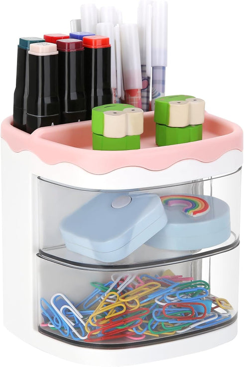 LETURE Desk Pencil Pen Holder with Drawer, Desktop Storage Pen Marker Organizers Stationery Supplies, Cute Pencil Cup Pot for Office, School, Home...