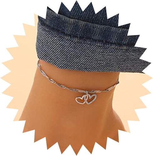 Boho Rhinestone Heart Anklet Bracelet Silver Crystal Heart Anklet Double Love Heart Ankle Bracelet Chain Cz Interlocking Heart Foot Chain Jewelry ...