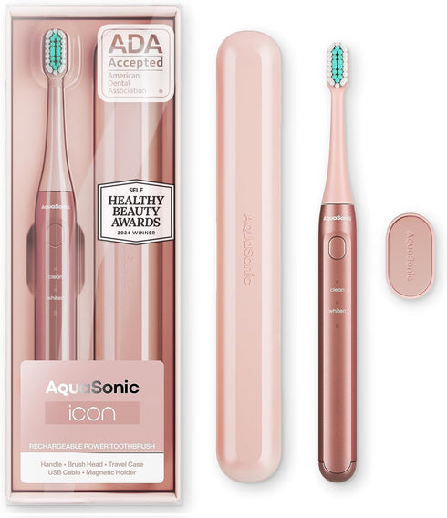 Aquasonic Icon ADA-Accepted Rechargeable Toothbrush | Magnetic Holder & Slim Travel Case | 2 Brushing Modes & Smart Timers | Gentle Micro-Vibratio...