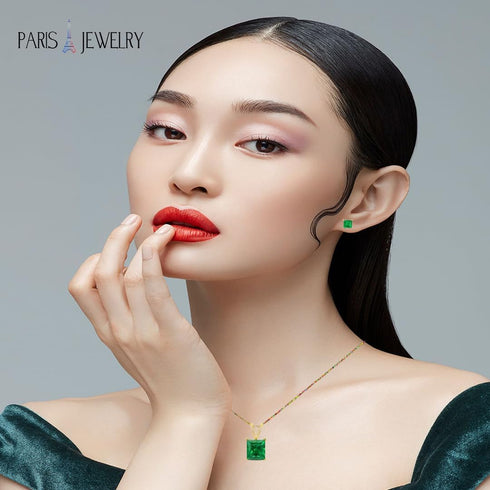 Paris Jewelry 18K Yellow Gold 4 Carat Emerald Square 18 Inch Necklace and Earrings Set Plated...