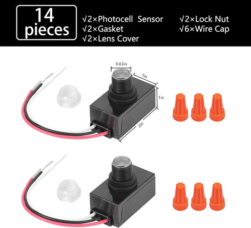 Dusk to Dawn Sensor 2 Packs, Photocell Light Sensor for Outdoor Lighting, 120-277V Photoelectric Switch Replacement with Wire Caps, Hard-Wired Pos...