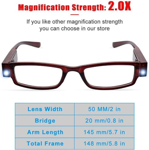 2 Pcs Reading Glasses with Lights for Men and Women Led Readers Fashion Glasses for Reading Lighted Magnifier Nighttime Reader Compact Full Frame ...