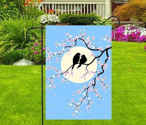Spring Two Couple Birds Bloom Flowers Branch Full Moon Summer Seasonal Garden Yard Flag 12"x 18" Double Sided Polyester Welcome House Flag Banners...