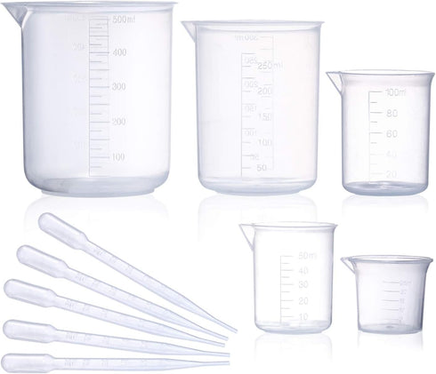 Plastic Beaker Set, 5 Sizes Low Form Measuring Graduated Griffin Polypropylene Beakers in 500 ml, 250 ml, 100 ml, 50 ml, 25 ml for Laboratory, & S...