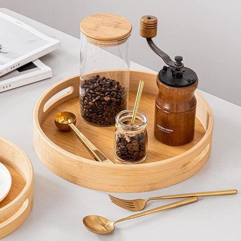 11.8 inch Bamboo Round Serving Tray, Wood Tray with Handles, Natural Wooden Tray for Ottoman, Kitchen/Coffee Table...