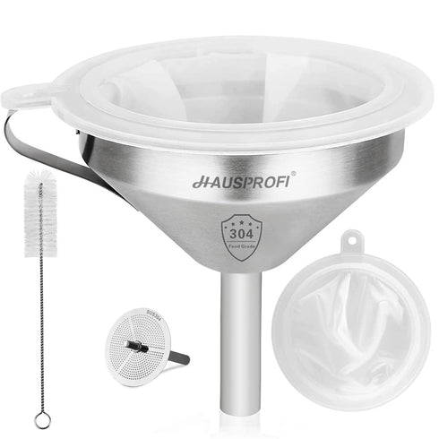 HAUSPROFI Stainless Steel Funnel, 5.1 inch 304 Stainless Steel Kitchen Funnel with 200 Mesh Food Filter Strainer for Transferring Liquids, Oil, Ma...