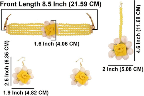 Efulgenz Handmade Floral Beaded Yellow Faux Pearl Flower Jewelry Set Choker Neckalce with Maang Tikka Earrings Indian Jewelry for Women for Haldi ...