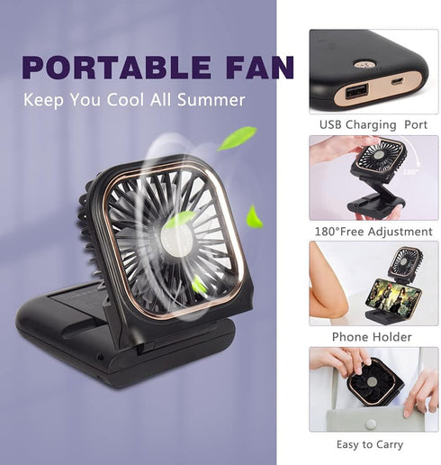 Portable Mini Fan - 5 in 1 with Power Bank, Phone Holder, Handheld & Desk Fan - USB Rechargeable, 3000 mAh Power Bank, 3 Speed Adjustable, Neck La...