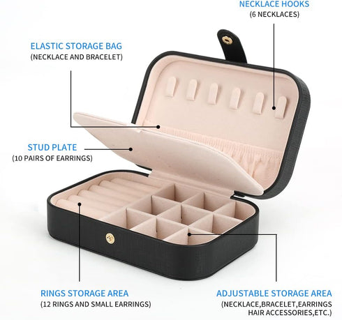 Small Jewelry Box Necklace Ring Storage Organizer Mini Jewelry case Double Layer Travel Jewelry Organizer for Women Girls Gift/Black...