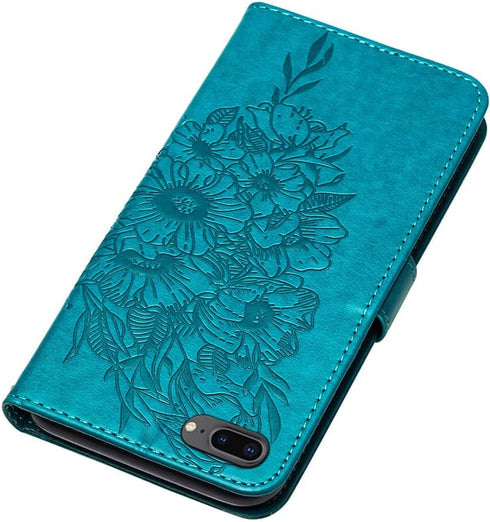 for iPhone 7/8 Plus Wallet Case, 6/6S Plus Case, Butterfly Floral Embossed, Wrist Strap, Card Holder Slots,Stand Leather Protective Flip Cover (Bl...