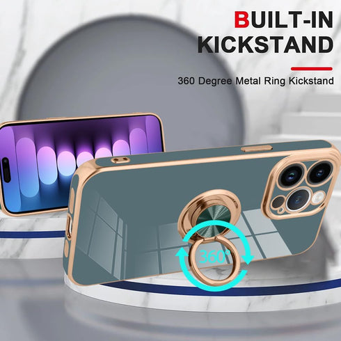 KANGHAR Case Designed for iPhone 15 Pro Max with Phone Ring Stand Full Body Protection Plated Rose Gold Edge Luxury Case for Women Men-Granny Gray...