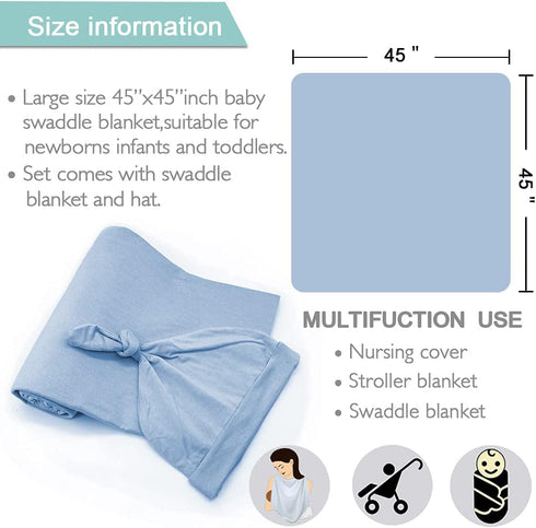 OWLOWLA Swaddle Blanket and Hat Set Newborn Swaddle Wrap Baby Receiving Blanket for Baby Boys Girls(Baby Blue)...