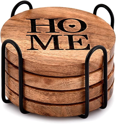 Coaster Iron & Acacia Wood Coasters for Drinks with Iron Holder Stand for Countertop and Surfaces from Water Marks or Damage (4" x 4" x 0.5")...