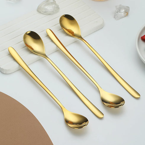 Gold Long Handle Iced Tea Spoons Set of 12 Pieces, Titanium Plating Gold Stainless Steel Teaspoons, Stirring Bar Spoon, Coffee Spoon, Ice Cream Sp...