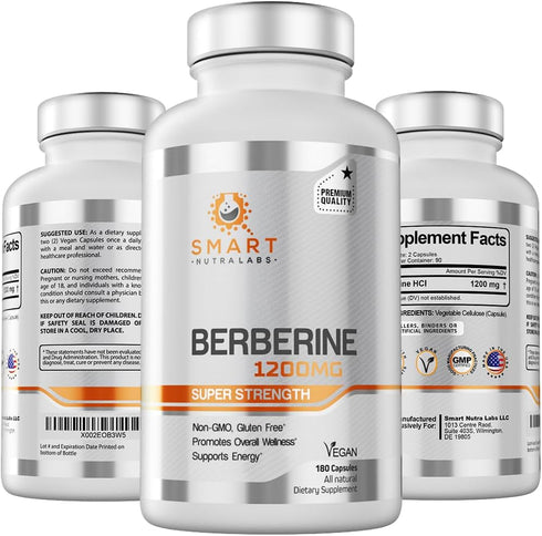 Smart Nutra Labs Premium Berberine HCL 1200mg- 180 Vegan Capsules, 100% Pure Berberine Supplement- Non-GMO, Gluten Free...